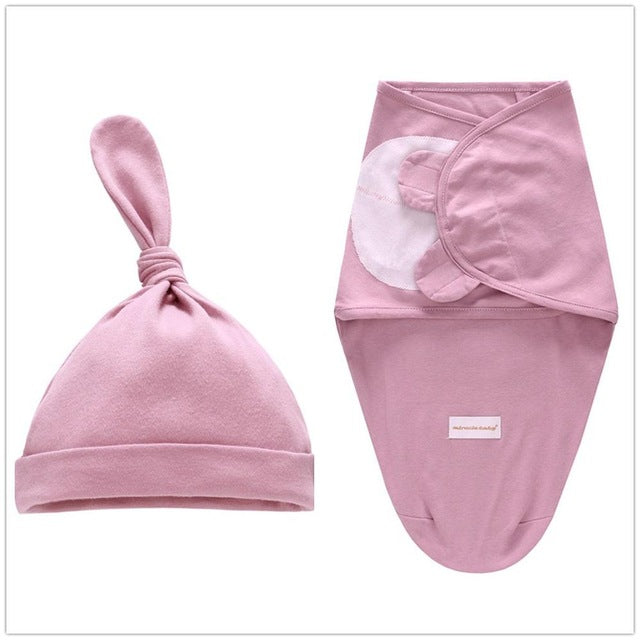 LAT 2 Pieces Set Newborn Swaddle Wrap +Hat Cotton Baby Receiving Blanket Bedding Cartoon Cute Infant Sleeping Bag For 0-6 Months