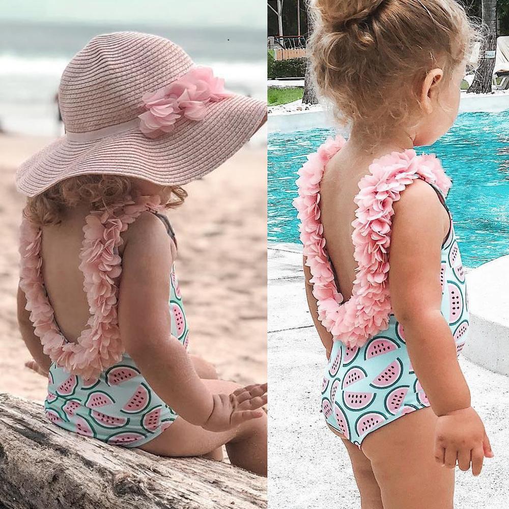 Swimwear Girl Kids Baby Girl Beach Swimsuit Bathing Swimwear Children's Sleeveless Watermelon Print Petal Lace Swimsuit A1