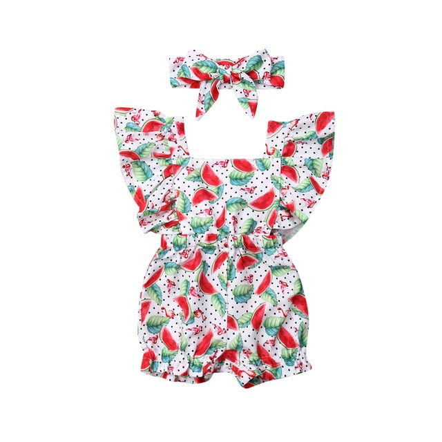 Newborn Baby Girl Clothes Fly Sleeve Ruffle Romper Jumpsuit Headband 2PCS Outfits Set