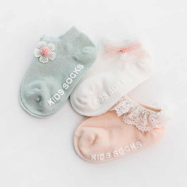 3 Pairs/Pack Newborn Cotton Ankle Socks Toddler Anti-slip Floor Sock Baby Girls 3D  Ruffled Bowknot Flower Socks Princess