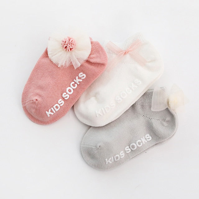 3 Pairs/Pack Newborn Cotton Ankle Socks Toddler Anti-slip Floor Sock Baby Girls 3D  Ruffled Bowknot Flower Socks Princess