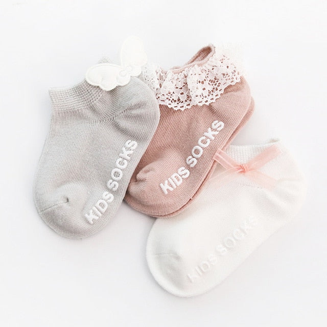 3 Pairs/Pack Newborn Cotton Ankle Socks Toddler Anti-slip Floor Sock Baby Girls 3D  Ruffled Bowknot Flower Socks Princess