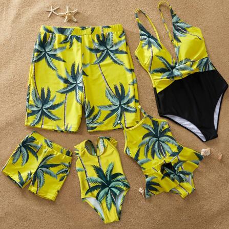 Leaf Swimsuit Family Matching Outfits Look Mother Daughter Swimwear Mommy and Me Bikini Dress Clothes Father Son Swimming Shorts