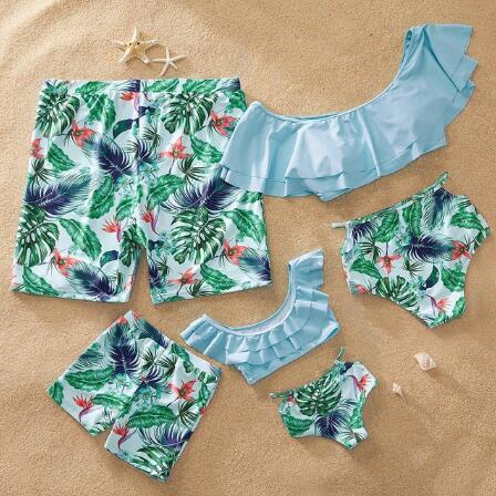 Leaf Swimsuit Family Matching Outfits Look Mother Daughter Swimwear Mommy and Me Bikini Dress Clothes Father Son Swimming Shorts