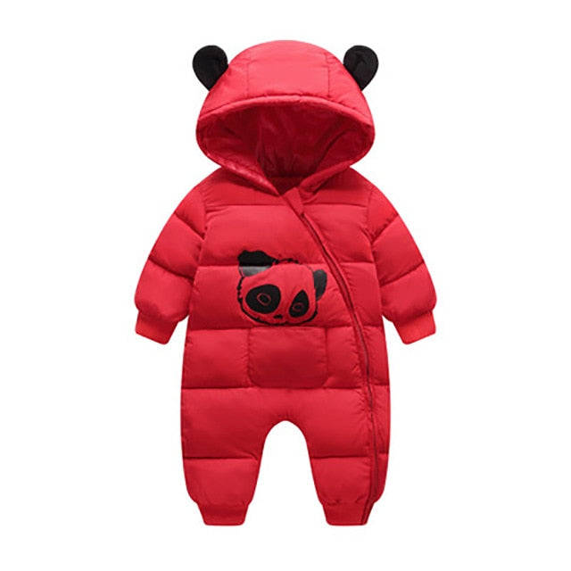 Cute Panda Baby Winter Hooded Rompers Thick Cotton Warm Outfit Newborn Jumpsuit Overalls Snowsuit Children Boys Clothing CL2092