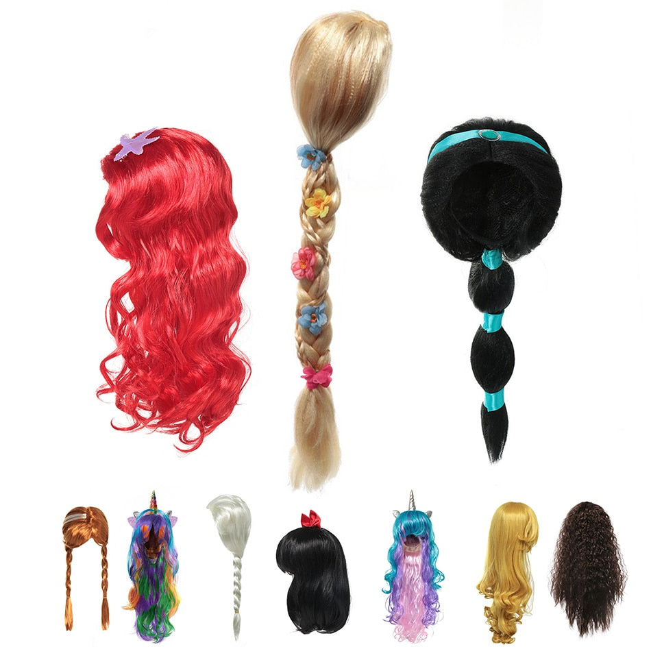 Kids Girl Cosplay Wig Princess Rapunzel Elsa Anna Jasmine Ariel Aurora Merida Belle Moana Snow White Hair Braid Wigs for Party