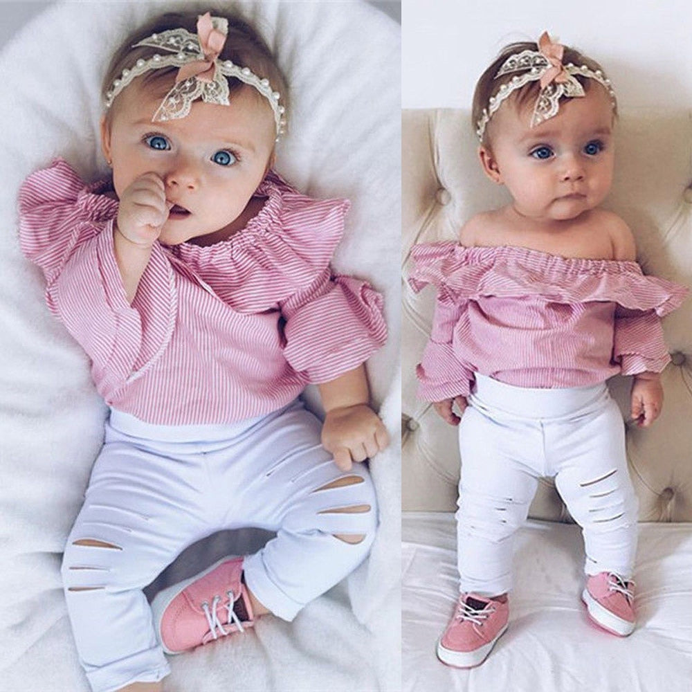 Add color Toddler Baby Overalls Baby Girl Clothes Striped Tops Romper Ripped Pants Outfits Clothing Set roupas infantis menina