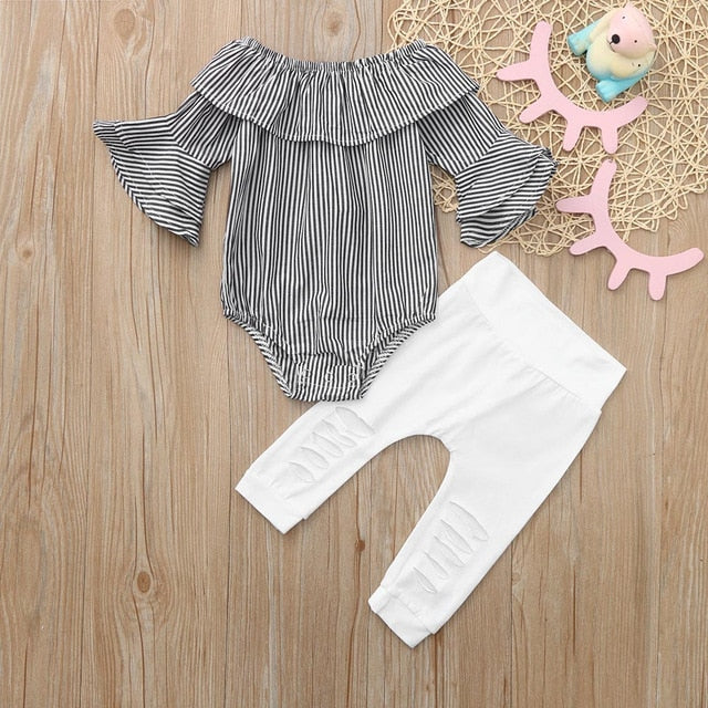 Add color Toddler Baby Overalls Baby Girl Clothes Striped Tops Romper Ripped Pants Outfits Clothing Set roupas infantis menina