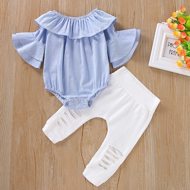 Add color Toddler Baby Overalls Baby Girl Clothes Striped Tops Romper Ripped Pants Outfits Clothing Set roupas infantis menina