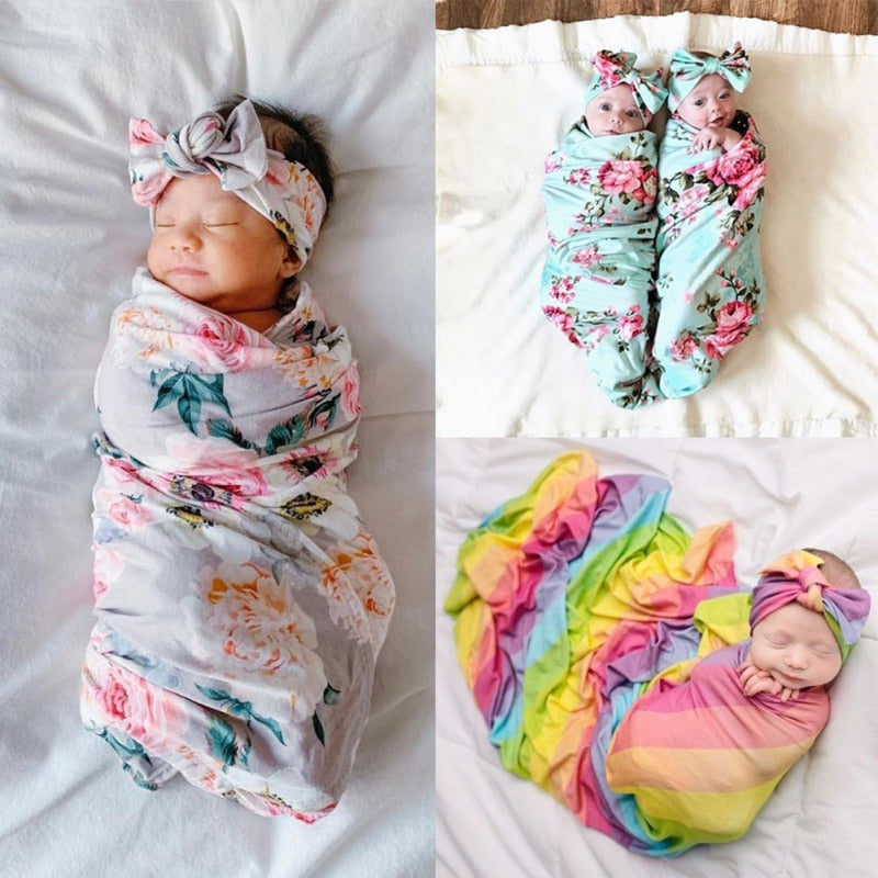 Baby Swaddle Blanket Newborn Baby Floral Swaddle Blanket Toddler Girl Boys Receiving Blanket Infant Swaddle Wrap Headband 2pcs