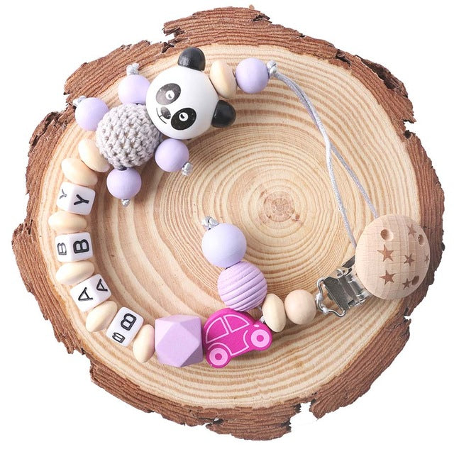 1pc Pacifier Chain Personalized Name Beech Wooden Clip Teether Cartoon Panda Holder Chain Rodent Baby Teether Gift Nipple Holder