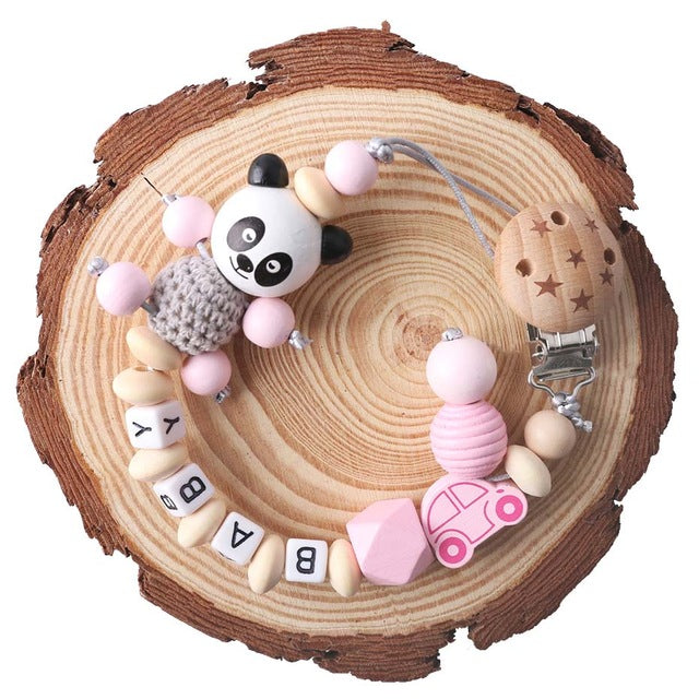 1pc Pacifier Chain Personalized Name Beech Wooden Clip Teether Cartoon Panda Holder Chain Rodent Baby Teether Gift Nipple Holder