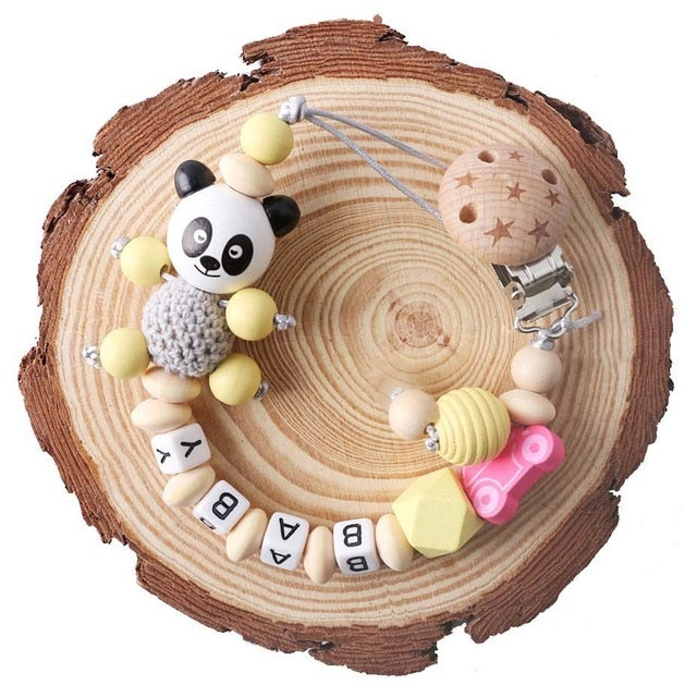 1pc Pacifier Chain Personalized Name Beech Wooden Clip Teether Cartoon Panda Holder Chain Rodent Baby Teether Gift Nipple Holder