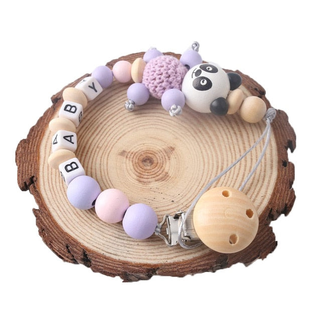 1pc Pacifier Chain Personalized Name Beech Wooden Clip Teether Cartoon Panda Holder Chain Rodent Baby Teether Gift Nipple Holder