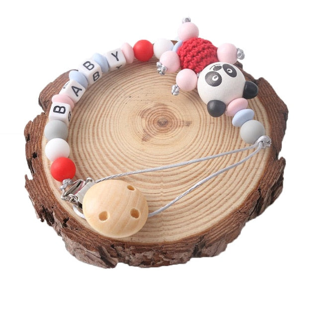 1pc Pacifier Chain Personalized Name Beech Wooden Clip Teether Cartoon Panda Holder Chain Rodent Baby Teether Gift Nipple Holder