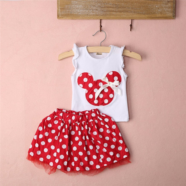 Summer Kids Baby Girl Clothes Minnie Mouse Sets Sleeveless T-shirt Tops Polka Dot Tutu Skirt Clothes