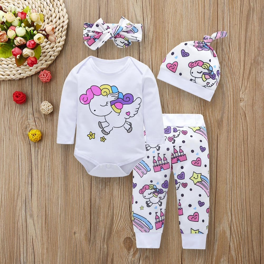 Newborn Infant Toddler Baby Girl Clothes Sets Infant Unicorn Pegasus Star Castle Tops+Pants+Hat+Headband 4PCS Baby Girl Clothing