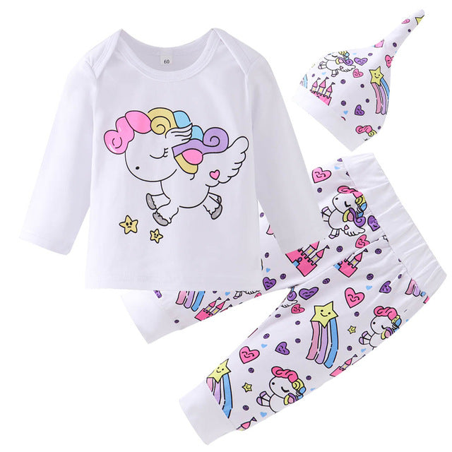 Newborn Infant Toddler Baby Girl Clothes Sets Infant Unicorn Pegasus Star Castle Tops+Pants+Hat+Headband 4PCS Baby Girl Clothing