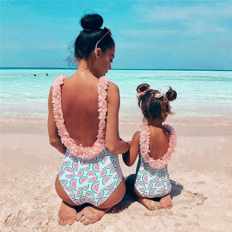 Family Matching One-Piece Suits Toddler Infant Baby Girls Watermelon Swimsuit 3D Flower Swimwear Swimming Bikini