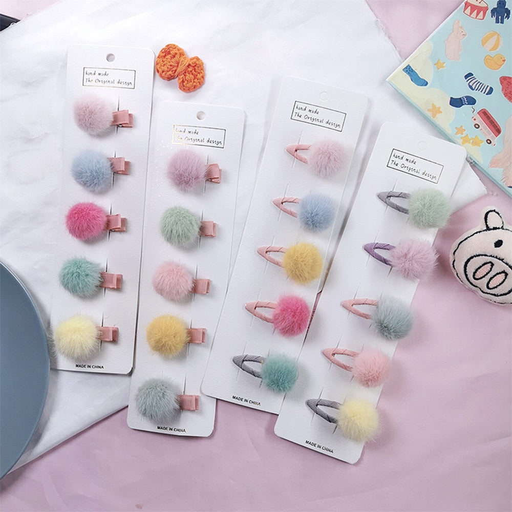 5pcs/set Cute Girls Hairpins Small Lovely Soft Fur Pompom Mini Ball Hair Clips Children Headwear Kids Hair Accessories