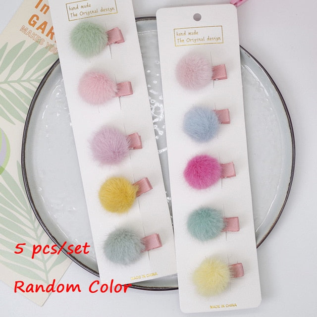 5pcs/set Cute Girls Hairpins Small Lovely Soft Fur Pompom Mini Ball Hair Clips Children Headwear Kids Hair Accessories