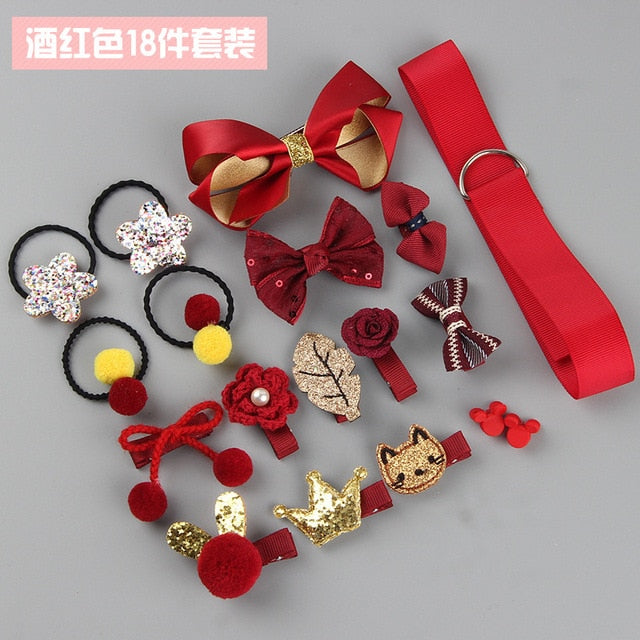 18 Pcs/Box New Kids Children Accessories Hairpins Barrettes Baby Fabric Bow Flower Headwear Hair clips Girls Headdress