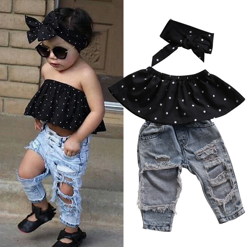 Summer Toddler Baby Girls Clothes Set Dot Sleeveless 3pcs Tops Vest+Hole Jeans Outfits Casual Clothes 0-3Y Girls Baby Fashion