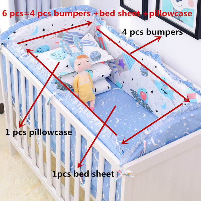 6pcs/set Blue Universe Design Crib Bedding Set Cotton Toddler Baby Bed Linens Include Baby Cot Bumpers Bed Sheet Pillowcase