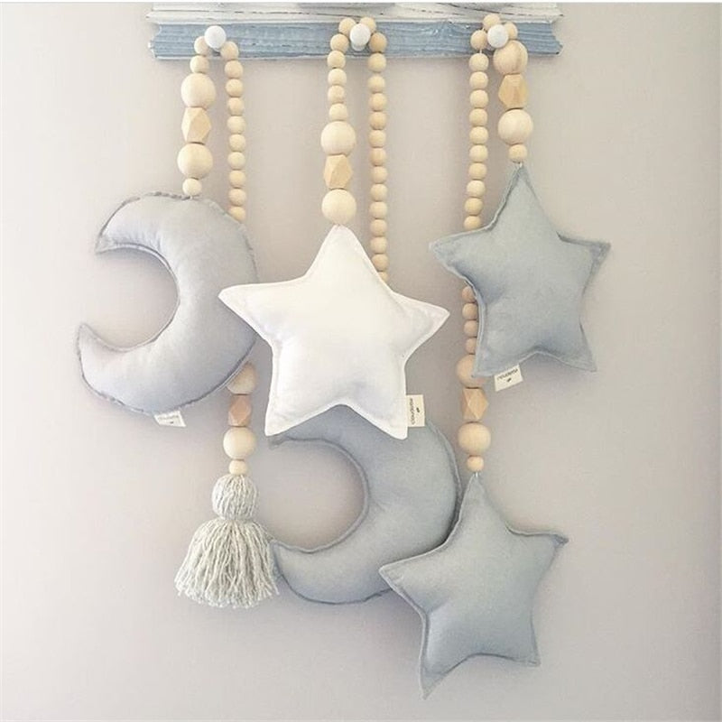 Baby Decoration Pillow Nordic Moon Stars Wooden Beads Strings Toys Kids Bed Room Crib Tent Decor Ornaments Photography Props