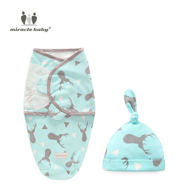 LAT 2 Pieces Set Newborn Swaddle Wrap +Hat Cotton Baby Receiving Blanket Bedding Cartoon Cute Infant Sleeping Bag For 0-6 Months