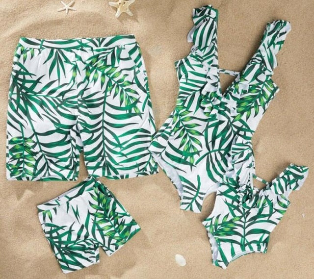 Leaf Swimsuit Family Matching Outfits Look Mother Daughter Swimwear Mommy and Me Bikini Dress Clothes Father Son Swimming Shorts