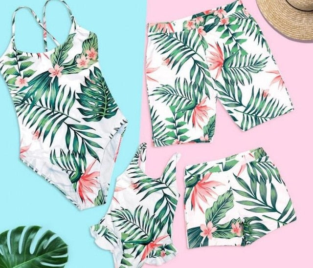 Leaf Swimsuit Family Matching Outfits Look Mother Daughter Swimwear Mommy and Me Bikini Dress Clothes Father Son Swimming Shorts