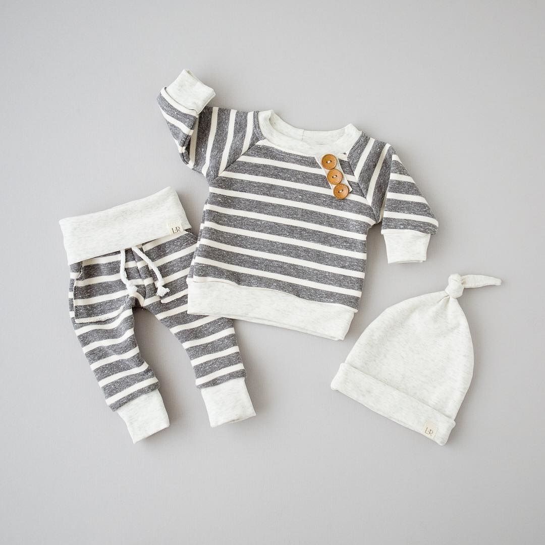 3 piece Long Sleeve Stripe Buttons Decor Sweatshirt Top,Striped Pant with Hat Set For Baby Boy Autumn Clothes