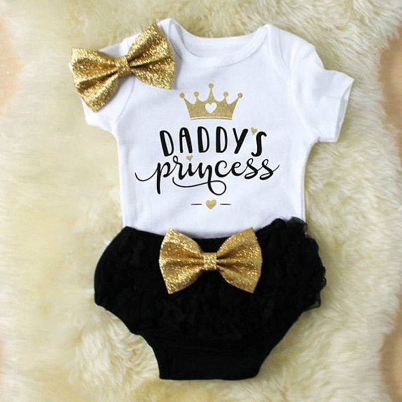 3PCS Cute Newborn Baby Girl Outfits Clothes Tops Bodysuit Shorts Pants Set