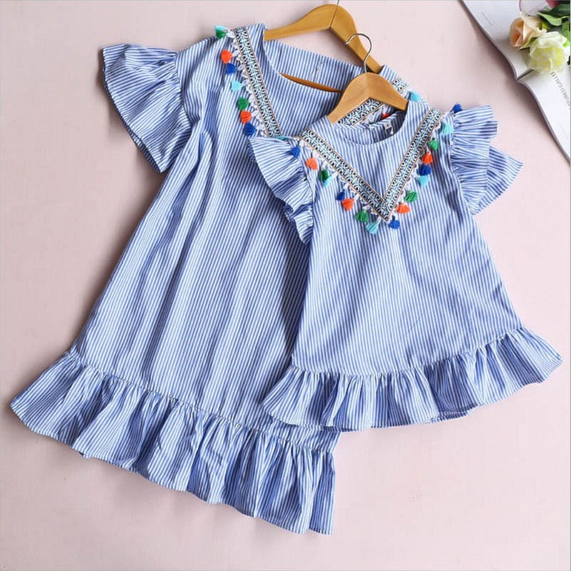 Family matching clothes Nine Quarter Stripe Tassel Mini Dress Mom and daughter dress Summer Outfits Mother and daughter clothes