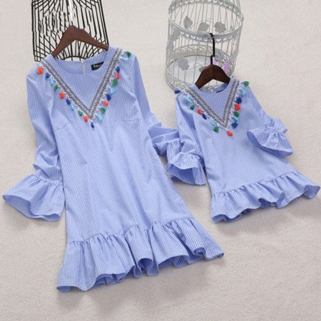 Family matching clothes Nine Quarter Stripe Tassel Mini Dress Mom and daughter dress Summer Outfits Mother and daughter clothes