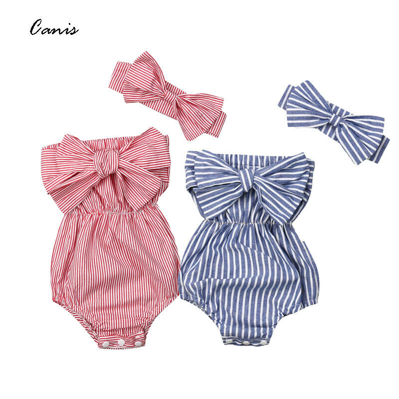 Pudcoco Newest Fashion Newborn Baby Girl Clothes Off Shoulder Bowknot Striped Bodysuit Jumpsuit Headband 2Pcs Outfits Set