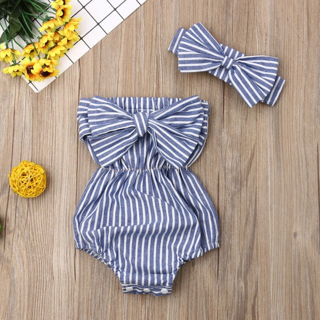 Pudcoco Newest Fashion Newborn Baby Girl Clothes Off Shoulder Bowknot Striped Bodysuit Jumpsuit Headband 2Pcs Outfits Set