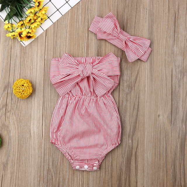 Pudcoco Newest Fashion Newborn Baby Girl Clothes Off Shoulder Bowknot Striped Bodysuit Jumpsuit Headband 2Pcs Outfits Set