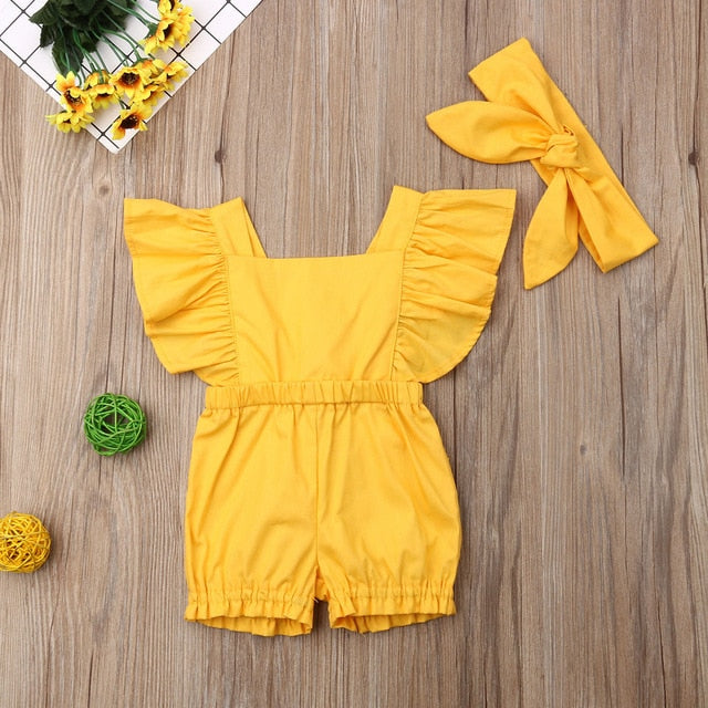 Newborn Baby Girl Clothes Fly Sleeve Ruffle Romper Jumpsuit Headband 2PCS Outfits Set