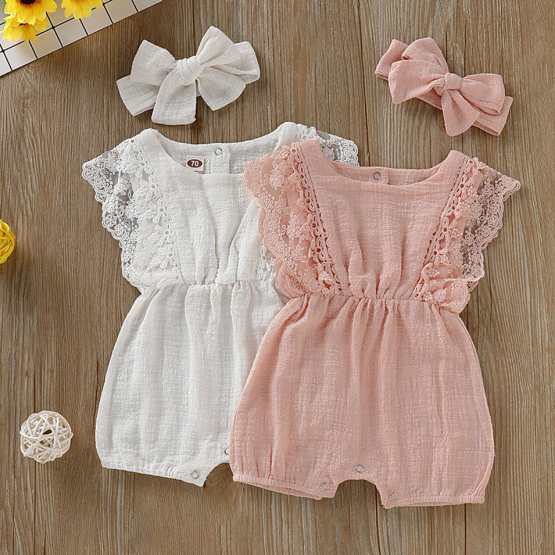 Summer Baby Girl Rompers Newborn Baby Clothes Toddler Flare Sleeve Solid Lace Design Romper Jumpsuit with Headband One-Pieces