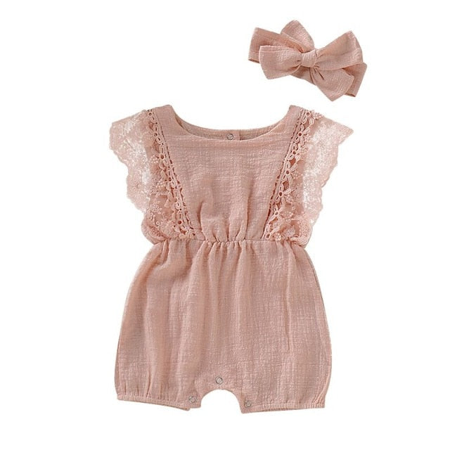 Summer Baby Girl Rompers Newborn Baby Clothes Toddler Flare Sleeve Solid Lace Design Romper Jumpsuit with Headband One-Pieces