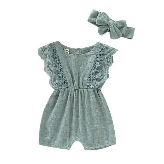 Summer Baby Girl Rompers Newborn Baby Clothes Toddler Flare Sleeve Solid Lace Design Romper Jumpsuit with Headband One-Pieces