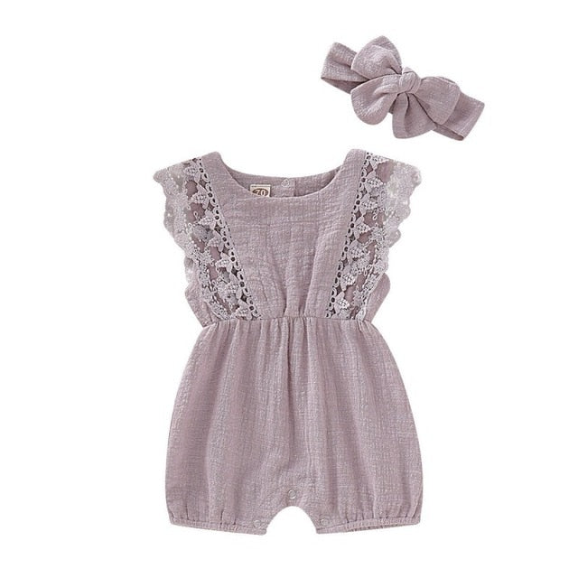 Summer Baby Girl Rompers Newborn Baby Clothes Toddler Flare Sleeve Solid Lace Design Romper Jumpsuit with Headband One-Pieces