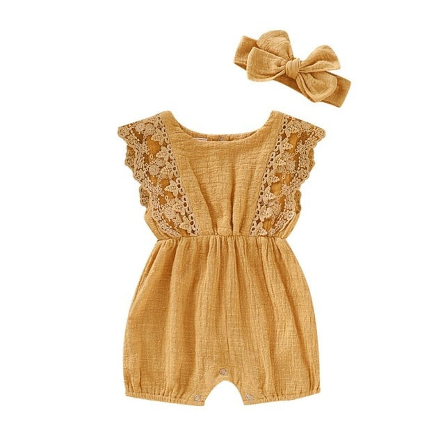 Summer Baby Girl Rompers Newborn Baby Clothes Toddler Flare Sleeve Solid Lace Design Romper Jumpsuit with Headband One-Pieces